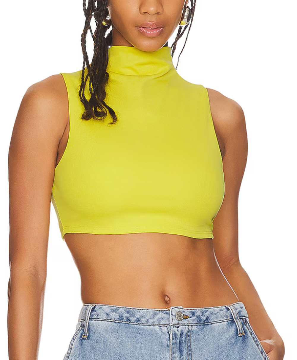 Mockneck Yellow Crop Top LARGE Swank Sleveless Bodycon Designer Revolve $148 NEW